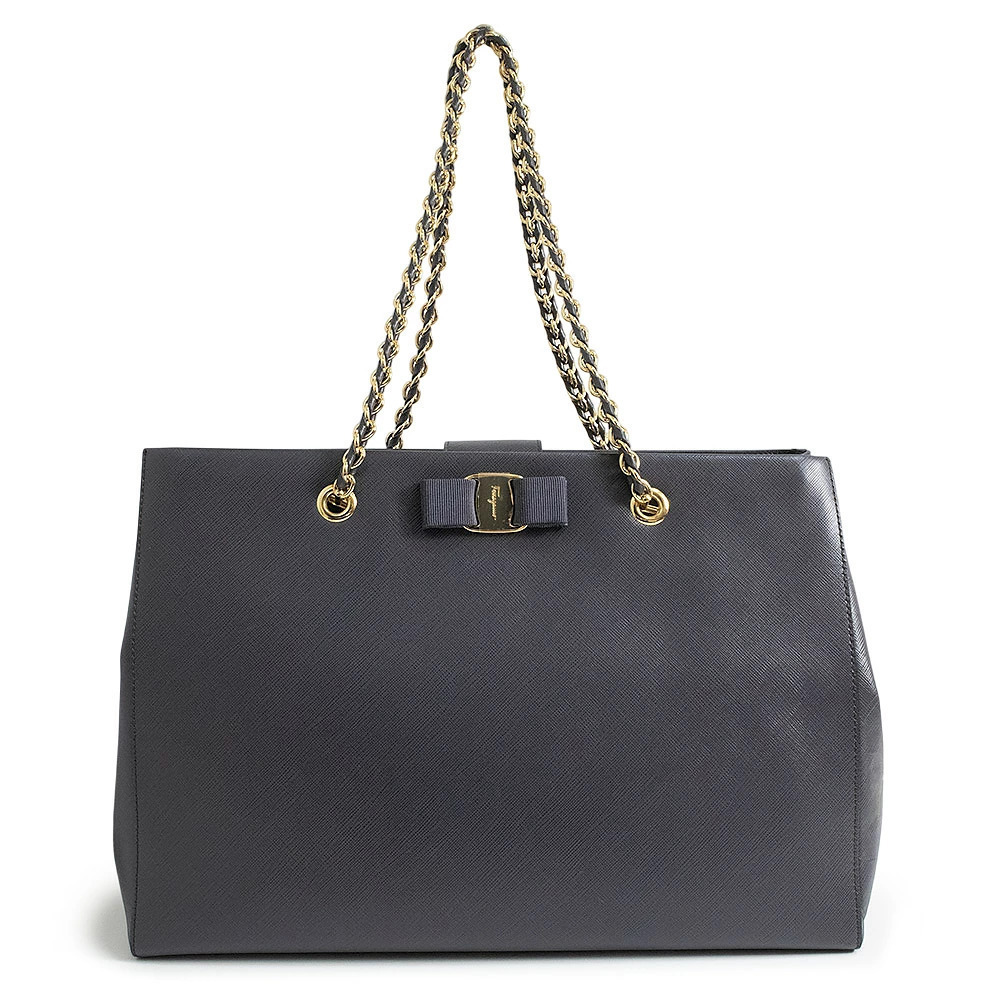 Salvatore Ferragamo Vara Ribbon Leather Gray Chain Tote Bag
